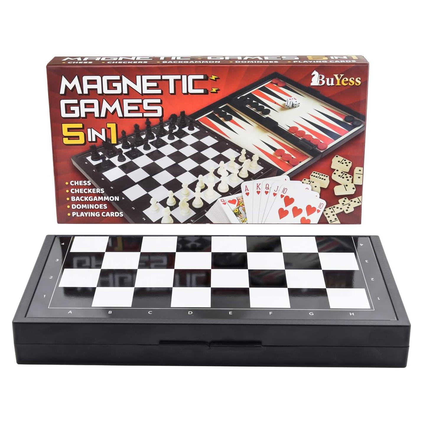 Juego de Mesa 5 en 1 Magnético BUYESS - Ajedrez, Damas, Dominó, Backgammon y Cartas Mini