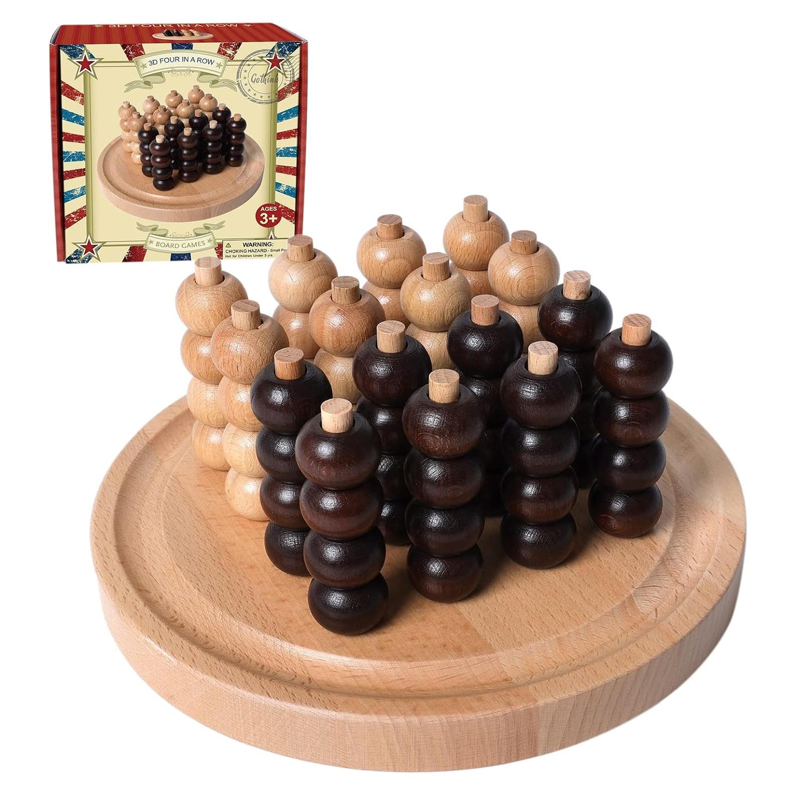 Juego de Mesa 3D Cuatro en Raya Gothink - Madera Natural, 20x20 cm