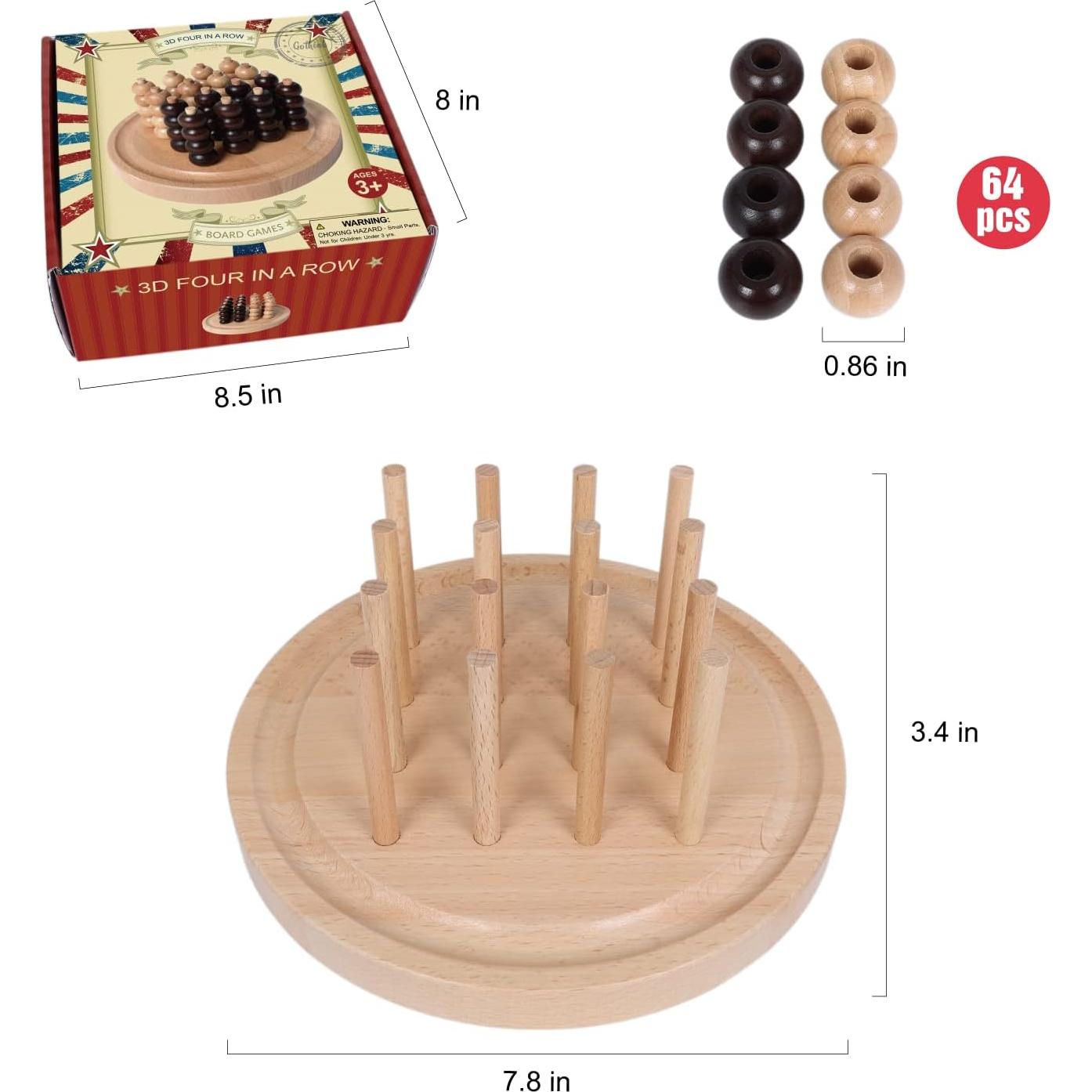 Juego de Mesa 3D Cuatro en Raya Gothink - Madera Natural, 20x20 cm