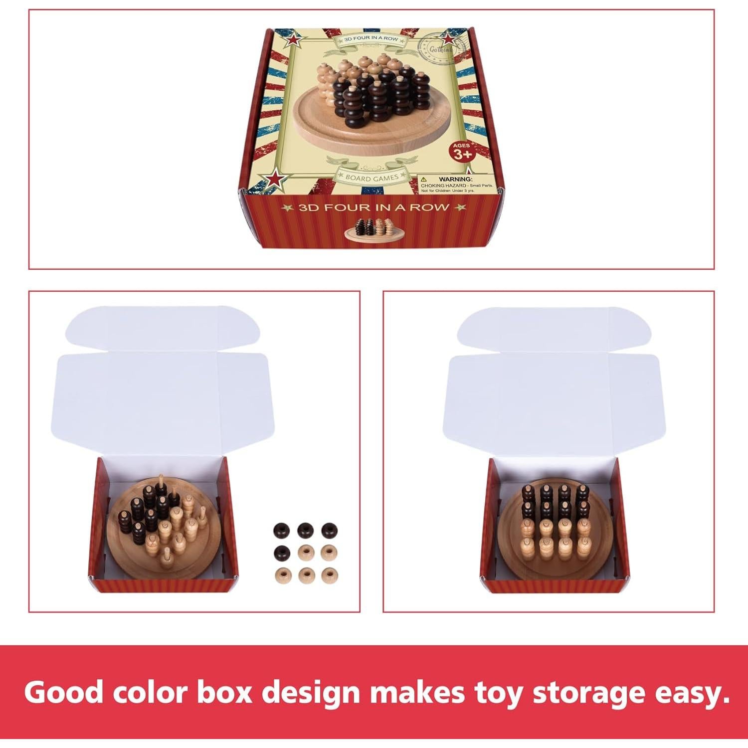 Juego de Mesa 3D Cuatro en Raya Gothink - Madera Natural, 20x20 cm