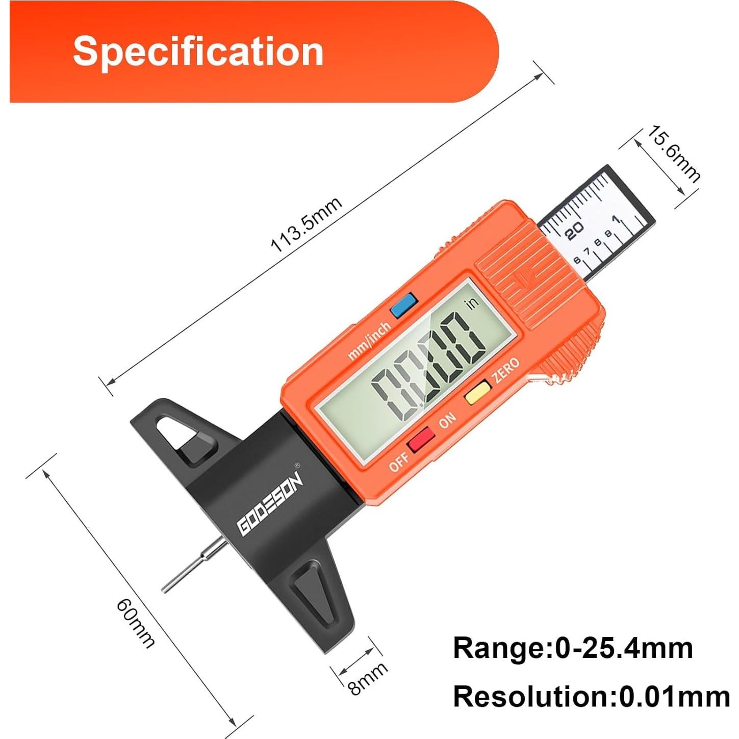 Medidor de Profundidad de Neumático GODESON LCD 25.4mm Naranja