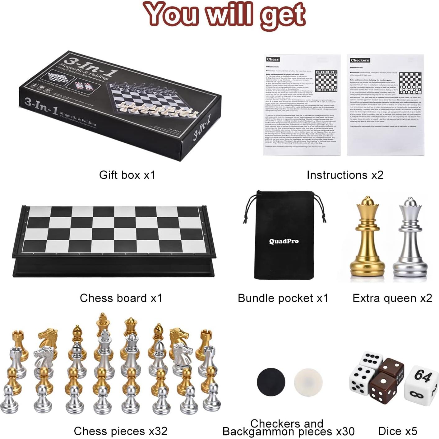 Juego de mesa 3 en 1 QuadPro: Ajedrez, Damas y Backgammon