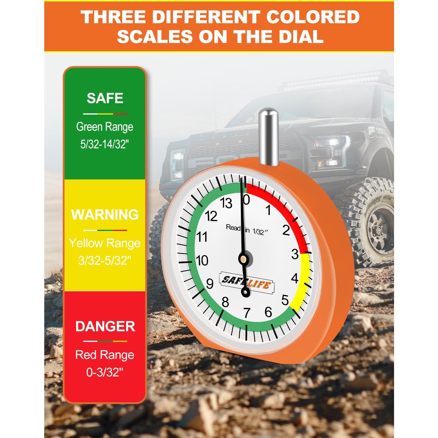 Calibrador de Profundidad de Neumático SAFELIFE Tipo Dial 1.59 mm