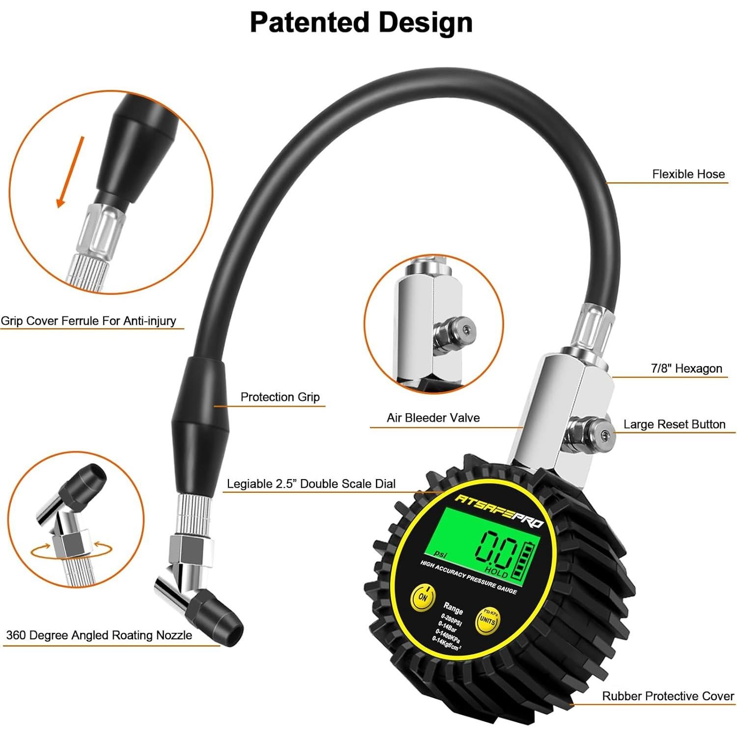 Medidor de Presión de Neumáticos Digital ATsafepro 200 PSI