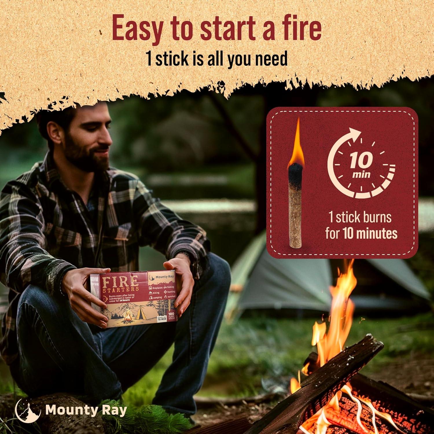 Iniciadores de fuego naturales Mounty Ray - 100 pcs - 10 min de quema