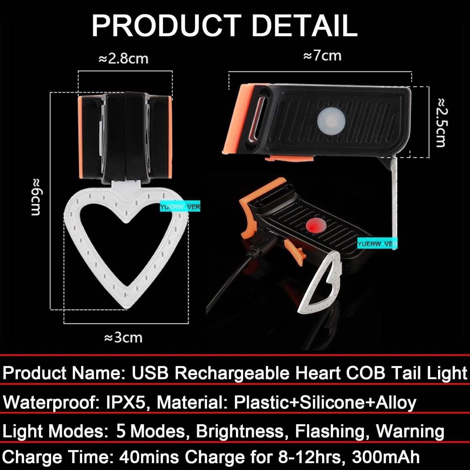 Luz Trasera LED Recargable YUERWOVER Rojo Corazón 5 Modos