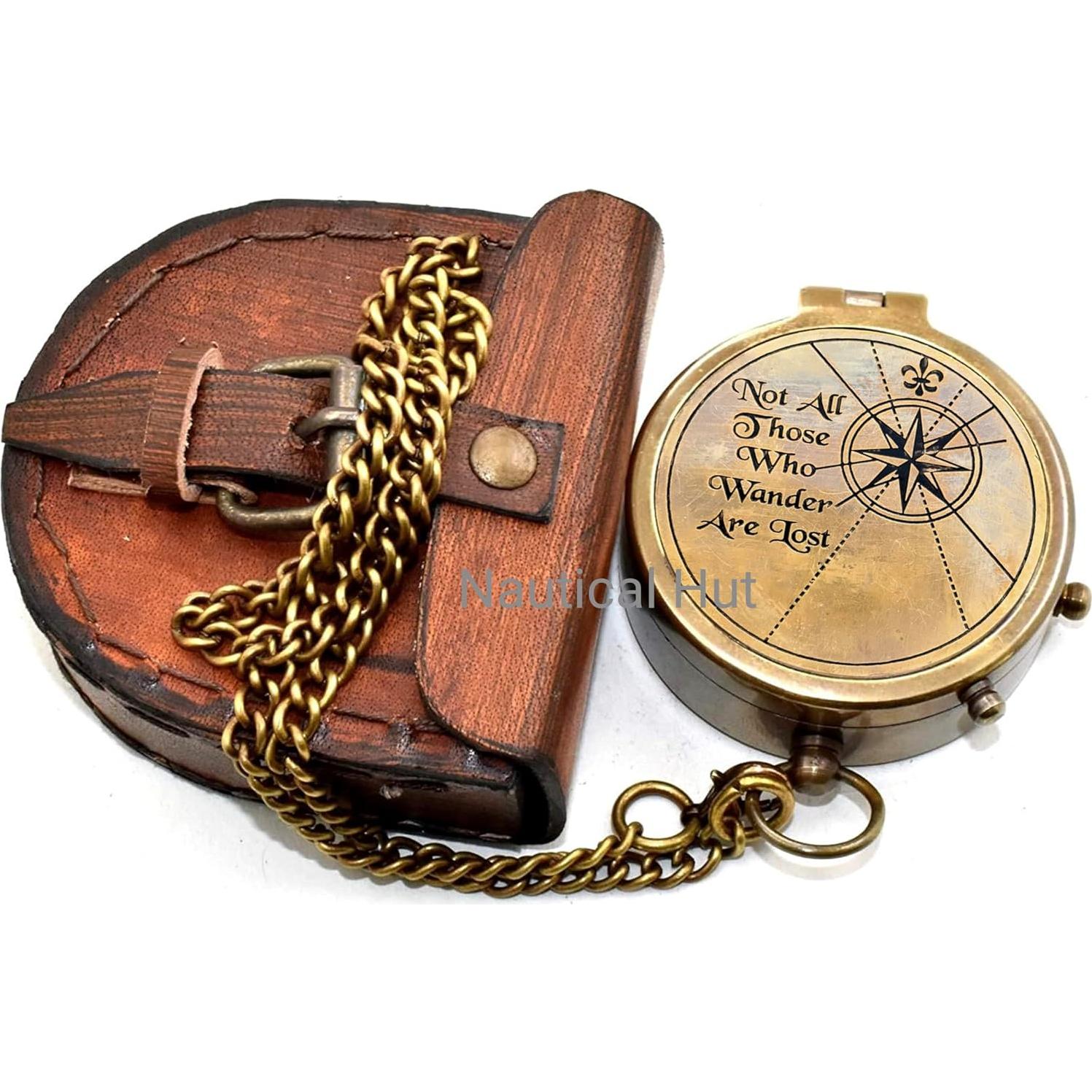 Brújula de Latón Antiguo Nautical Hut con Estuche de Cuero
