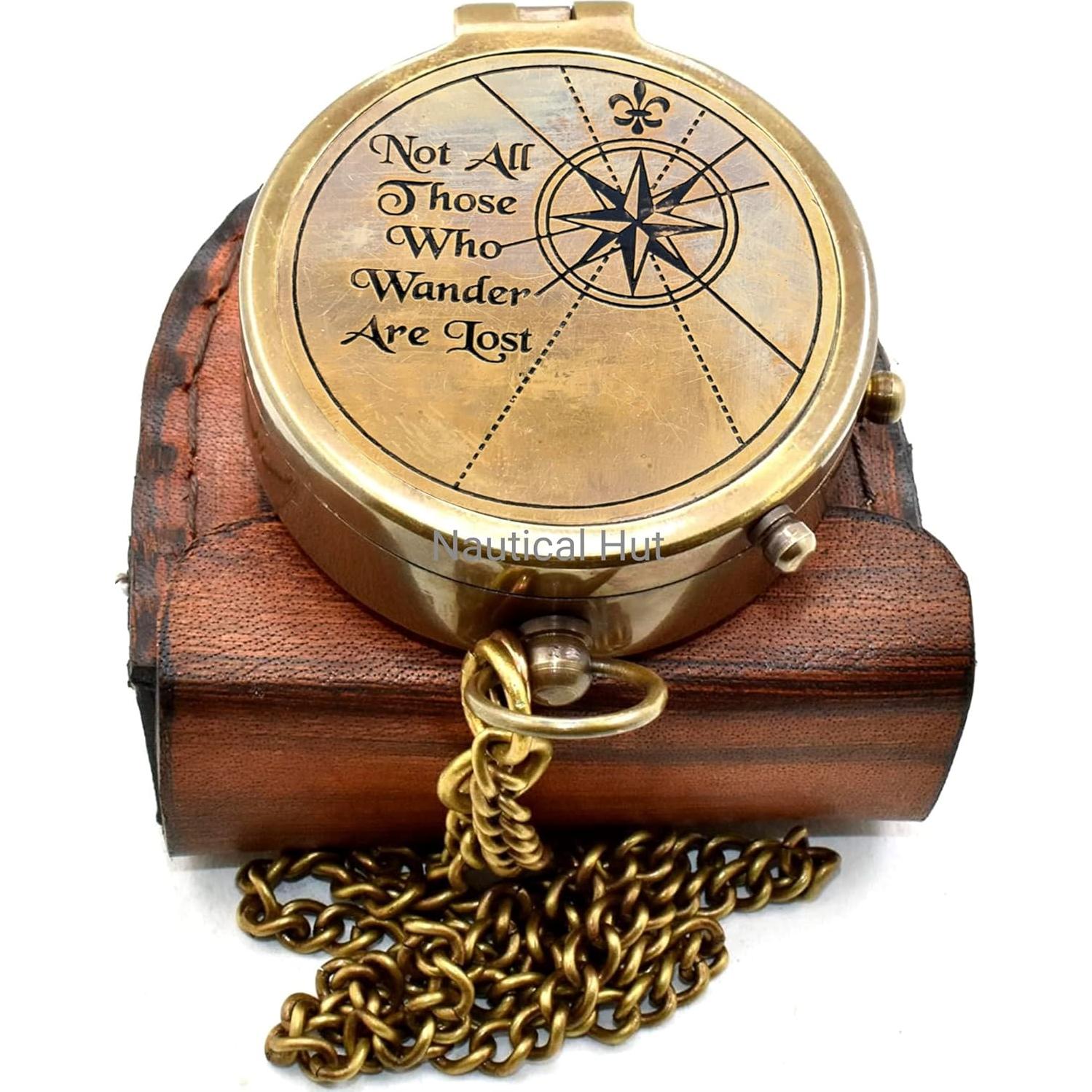 Brújula de Latón Antiguo Nautical Hut con Estuche de Cuero
