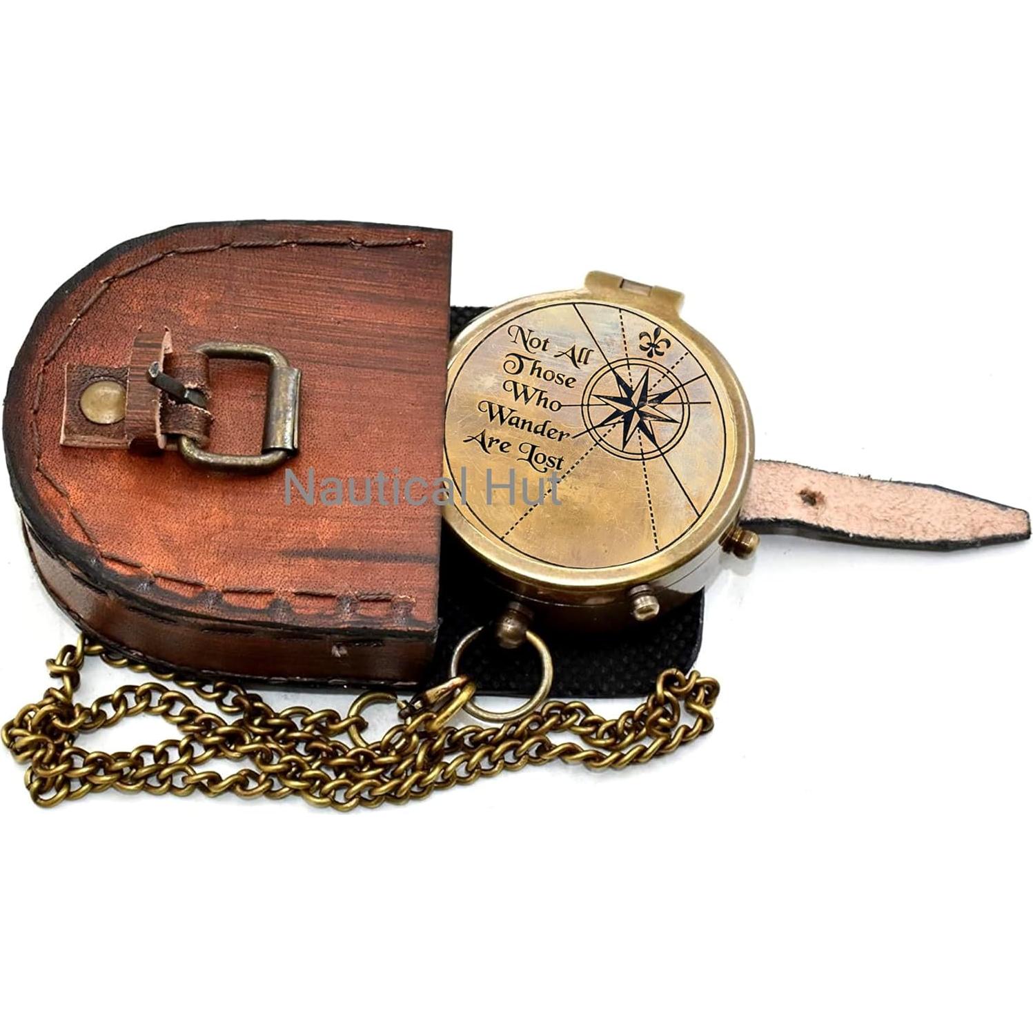 Brújula de Latón Antiguo Nautical Hut con Estuche de Cuero