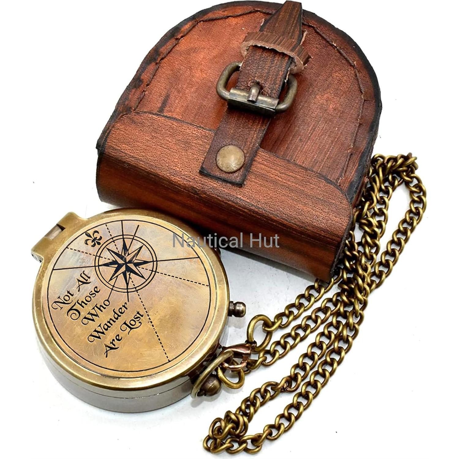 Brújula de Latón Antiguo Nautical Hut con Estuche de Cuero