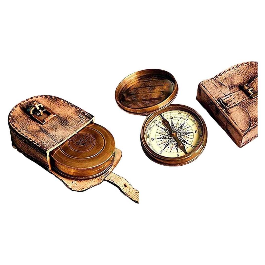 Brújula de Latón Antiguo THOR INSTRUMENTS con Funda de Cuero