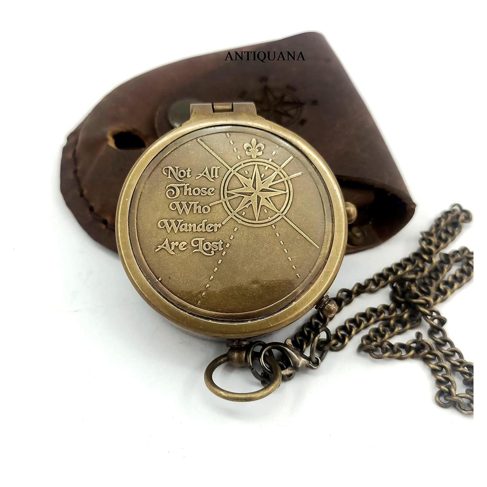 Brújula de Latón ANTIQUANA con Estuche de Cuero 6.35 cm