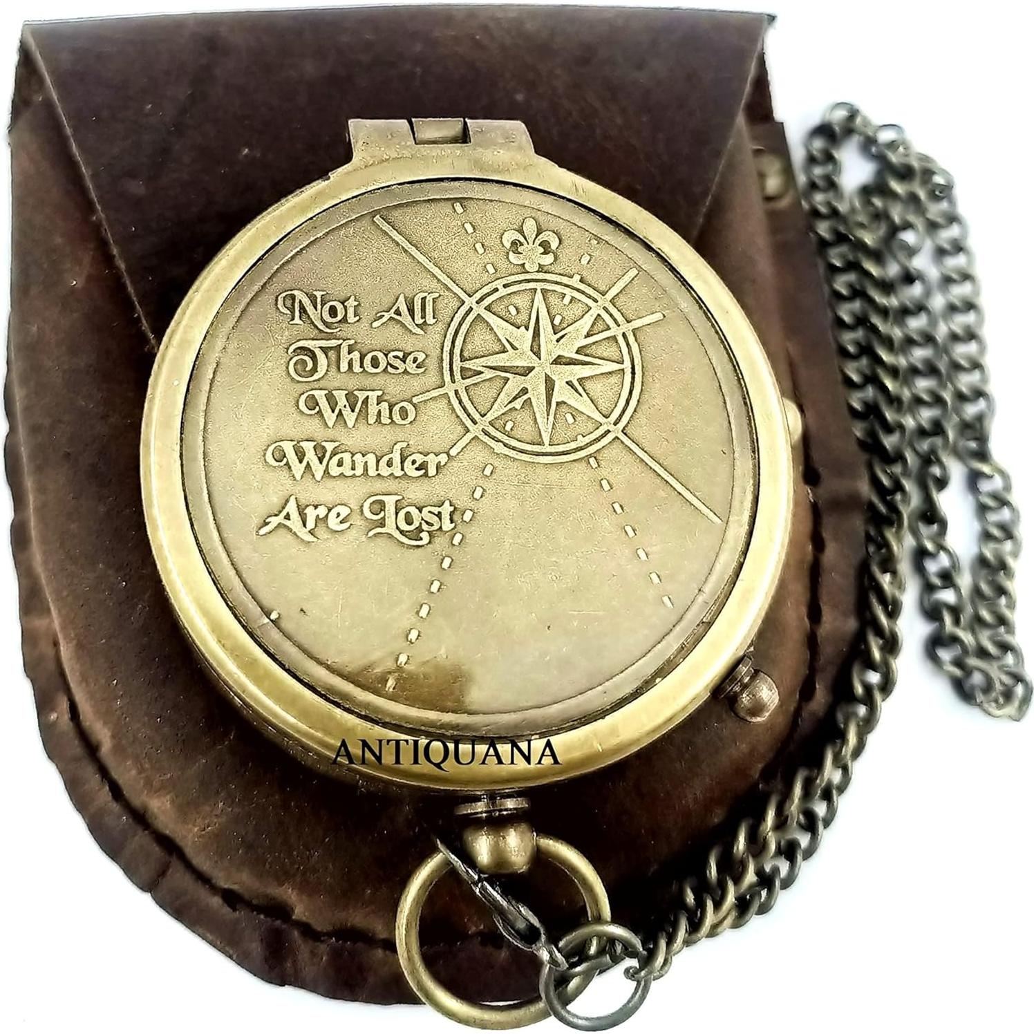 Brújula de Latón ANTIQUANA con Estuche de Cuero 6.35 cm