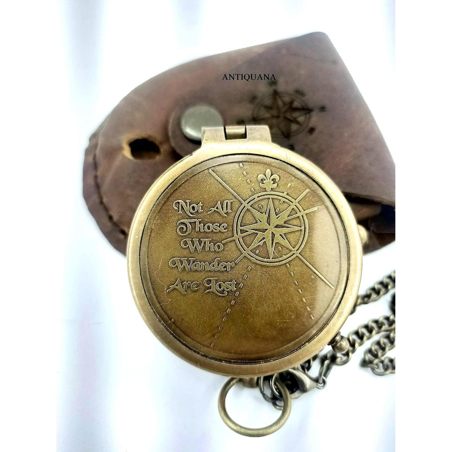 Brújula de Latón ANTIQUANA con Estuche de Cuero 6.35 cm