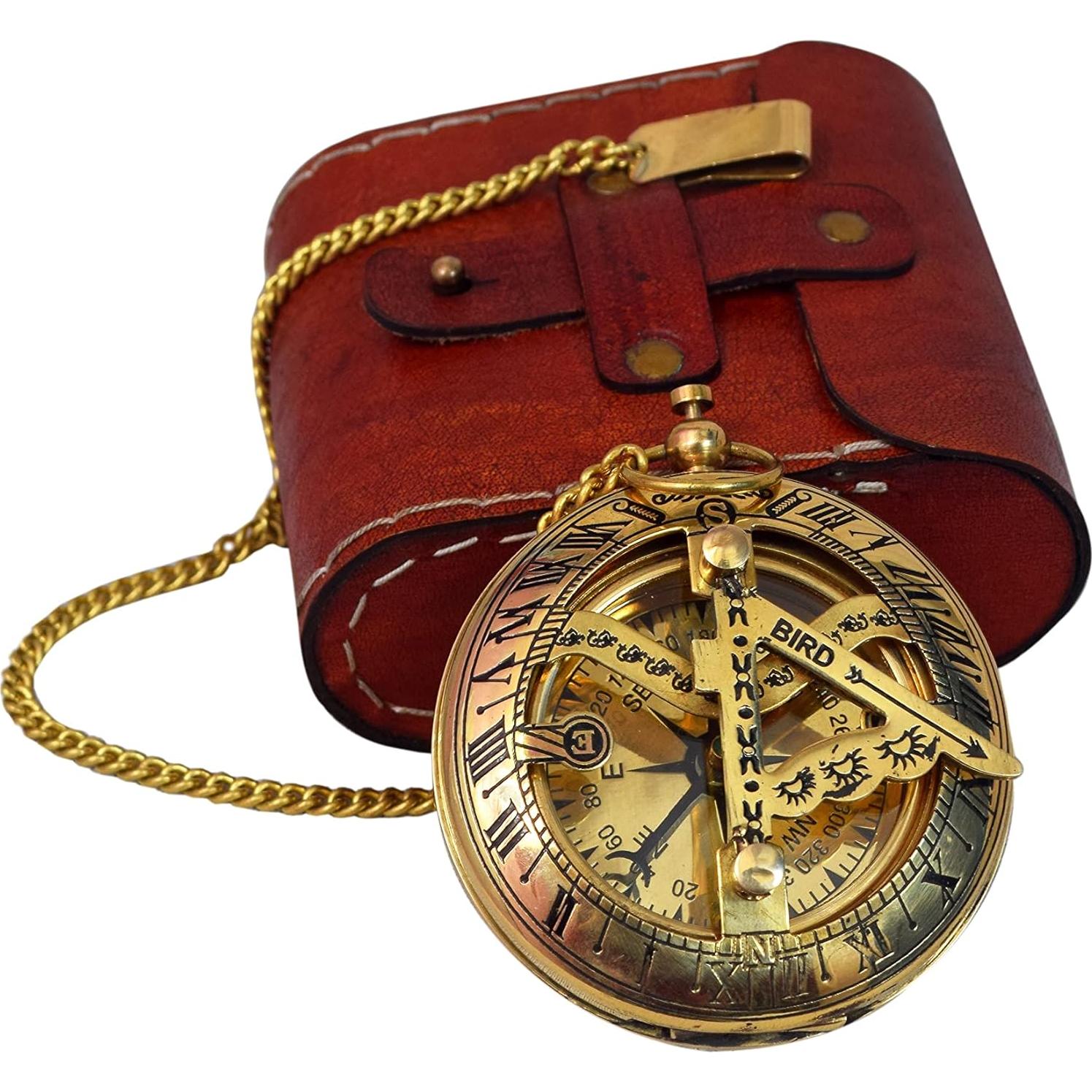 Brújula Vintage de Bronce BAZROSS con Estuche de Cuero 7.62 cm