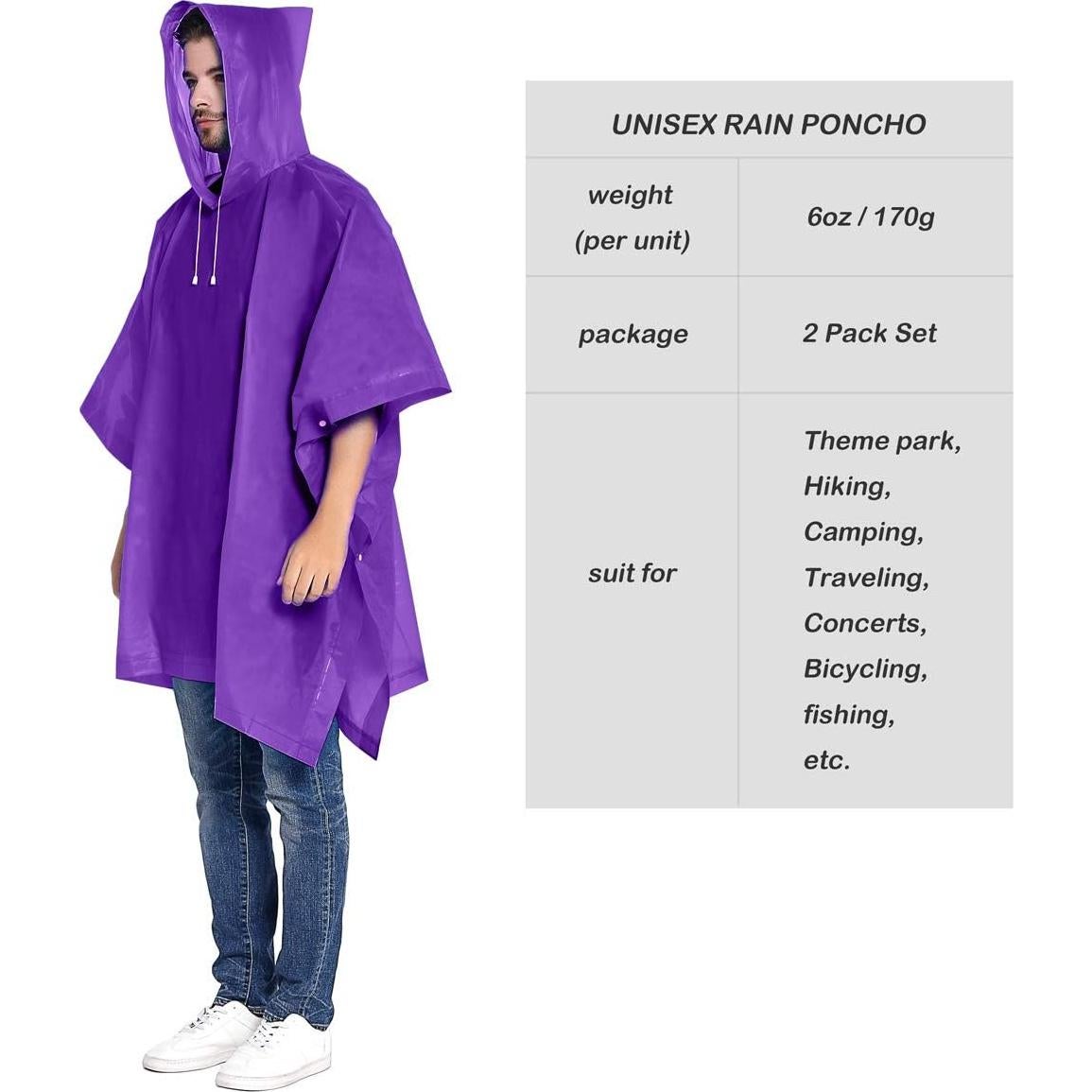 Poncho de Lluvia Reutilizable ANTVEE Unisex Púrpura 2 Unidades
