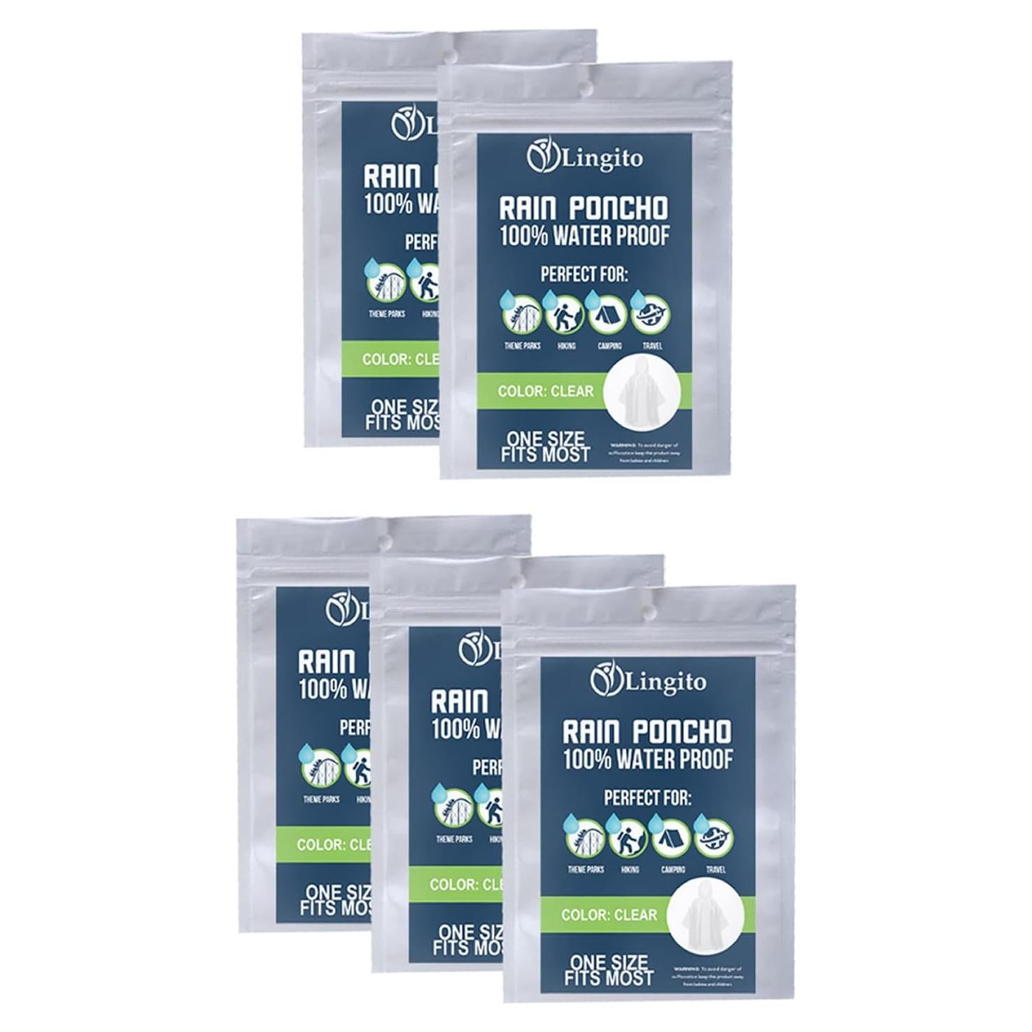 Ponchos de Lluvia Lingito Clear para Adultos - Paquete de 5