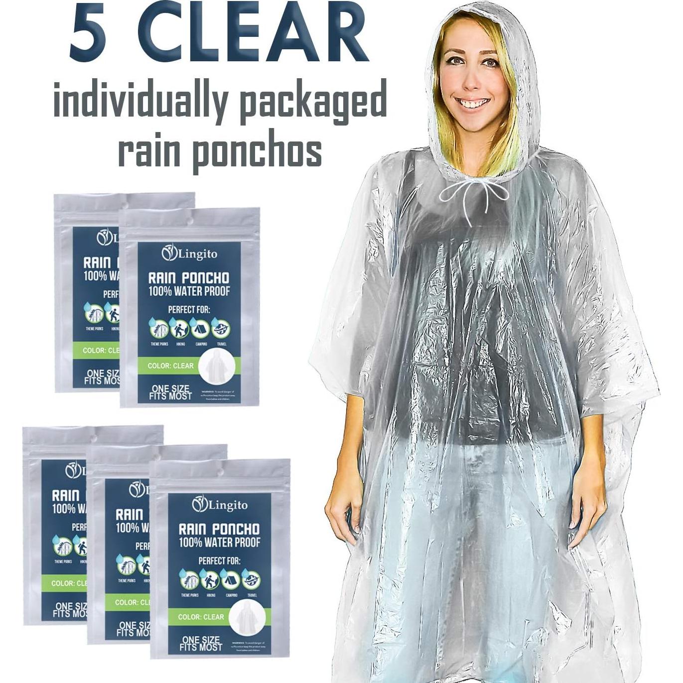 Ponchos de Lluvia Lingito Clear para Adultos - Paquete de 5
