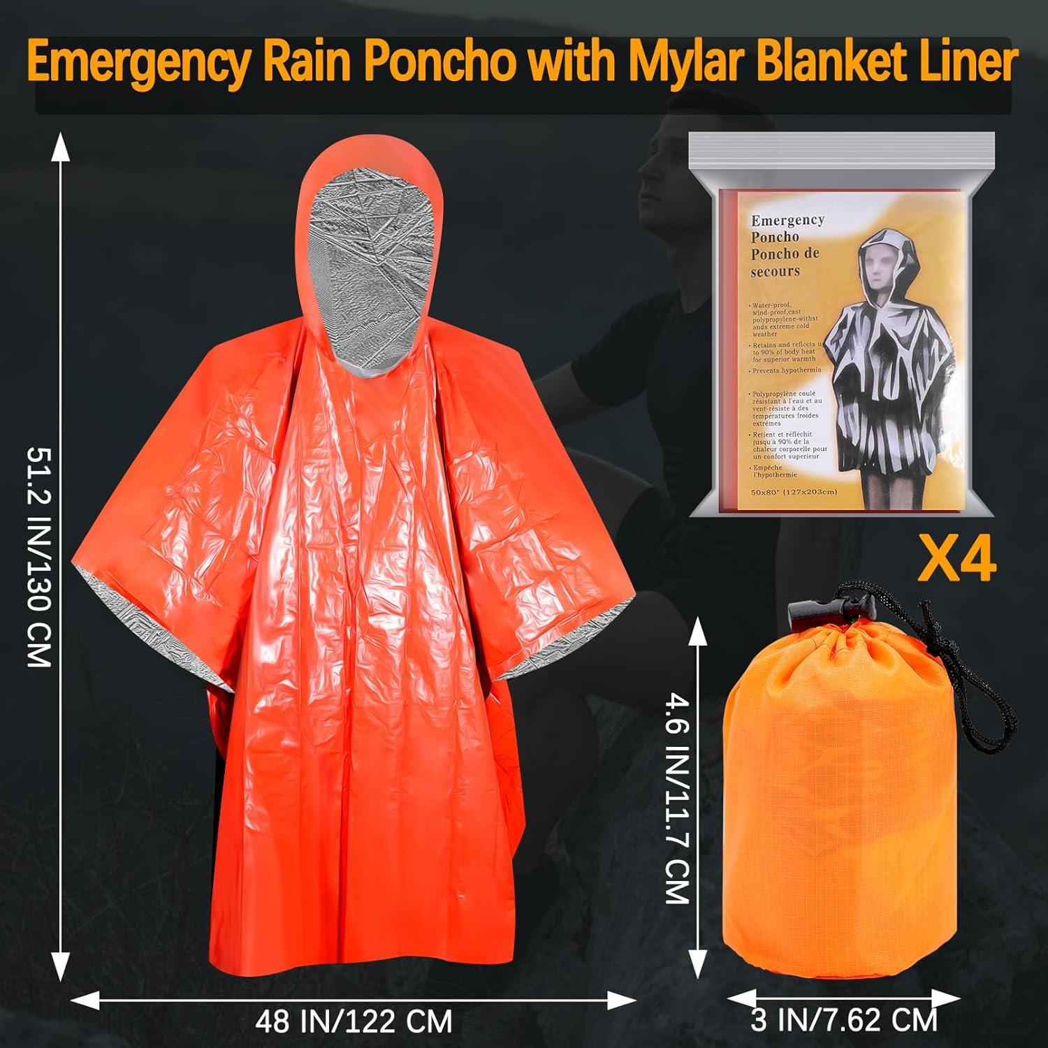 Poncho de Lluvia de Emergencia Blcculi 4 Pack Mylar Naranja 130x122cm