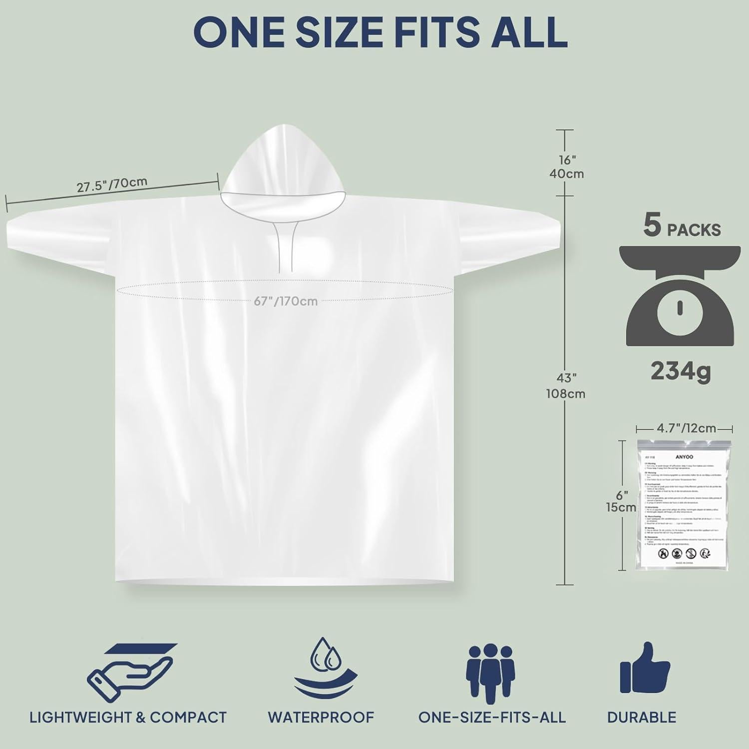 Poncho desechable ANYOO impermeable para adultos - 5 paquetes