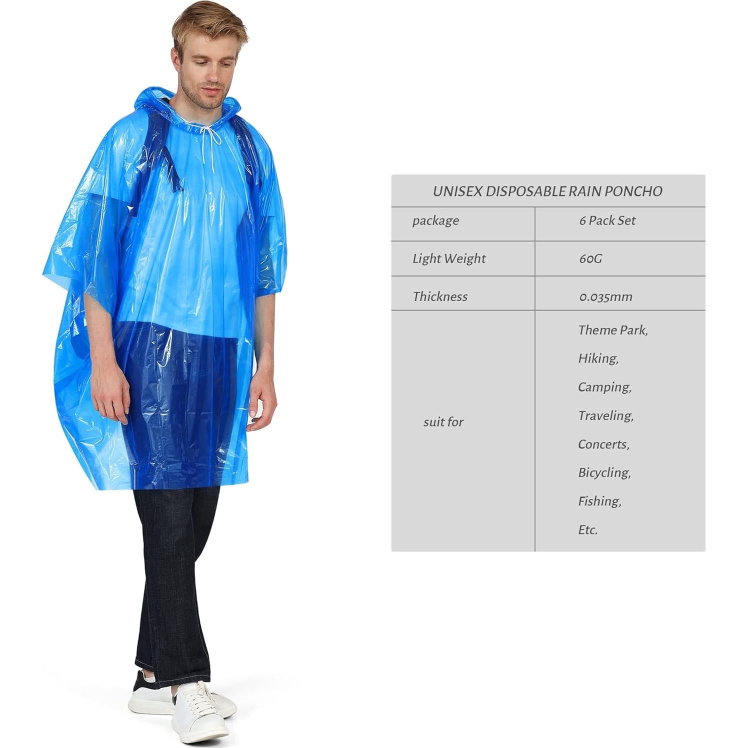 Paquete de 6 Ponchos de Lluvia Desechables FENENIK Azul Adultos