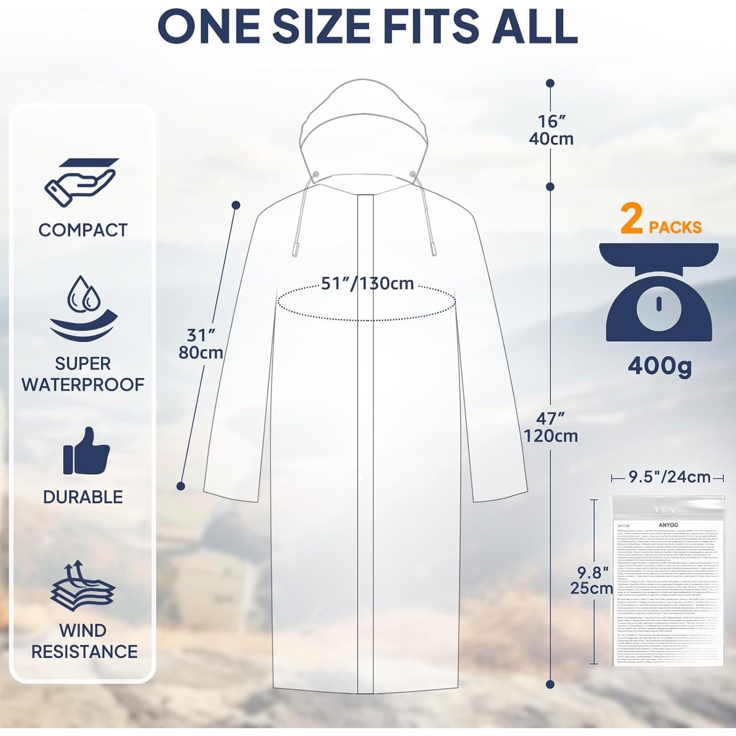 Ponchos de Lluvia Reutilizables ANYOO 2-Pack Unisex Impermeables