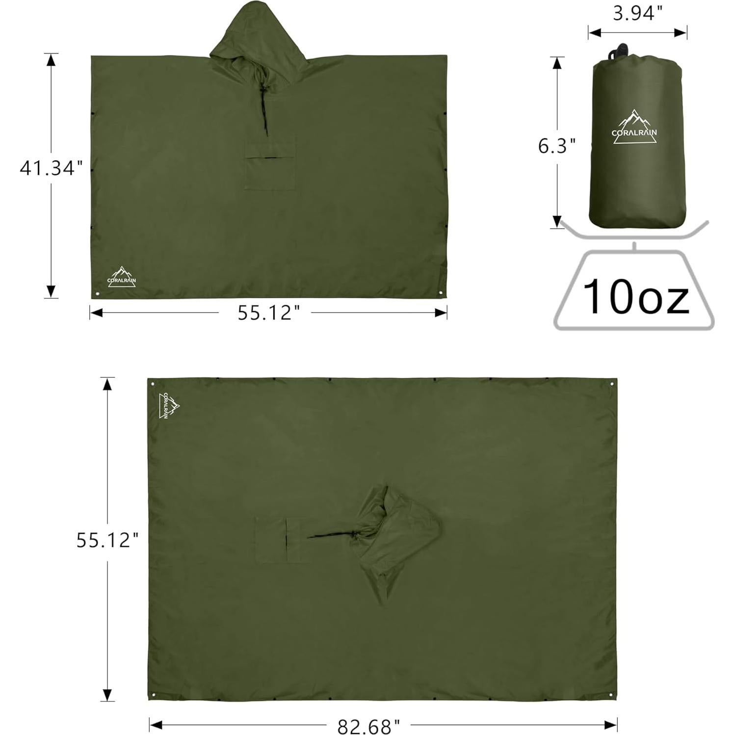 Poncho de Lluvia Coralrain Impermeable Unisex Verde 7000mm
