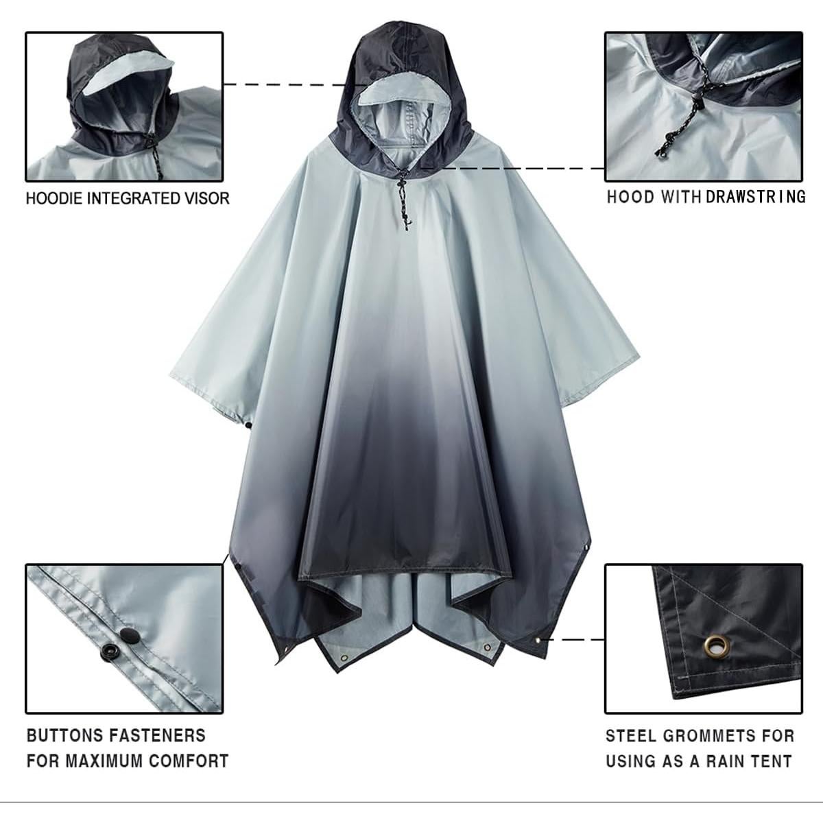 Poncho de Lluvia Impermeable POWINSUN Talla Única Gris Gradiente