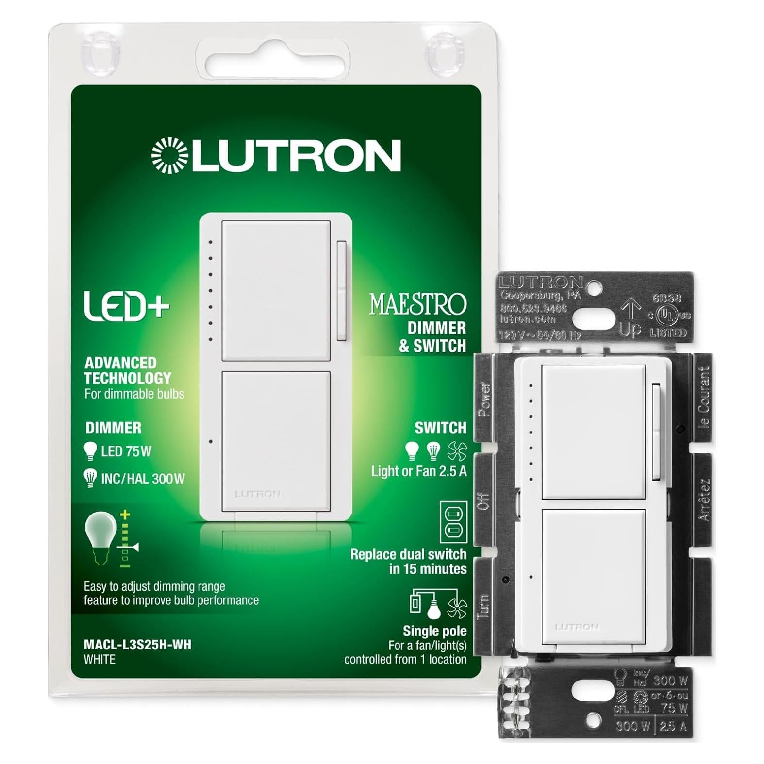 Dimer y Interruptor Doble Lutron Maestro LED+ 75W Blanco