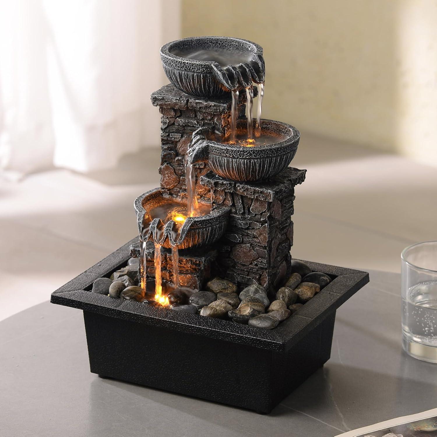 Fuente de Mesa Kalona 3 Cuencos con Luz LED y Sonido de Agua