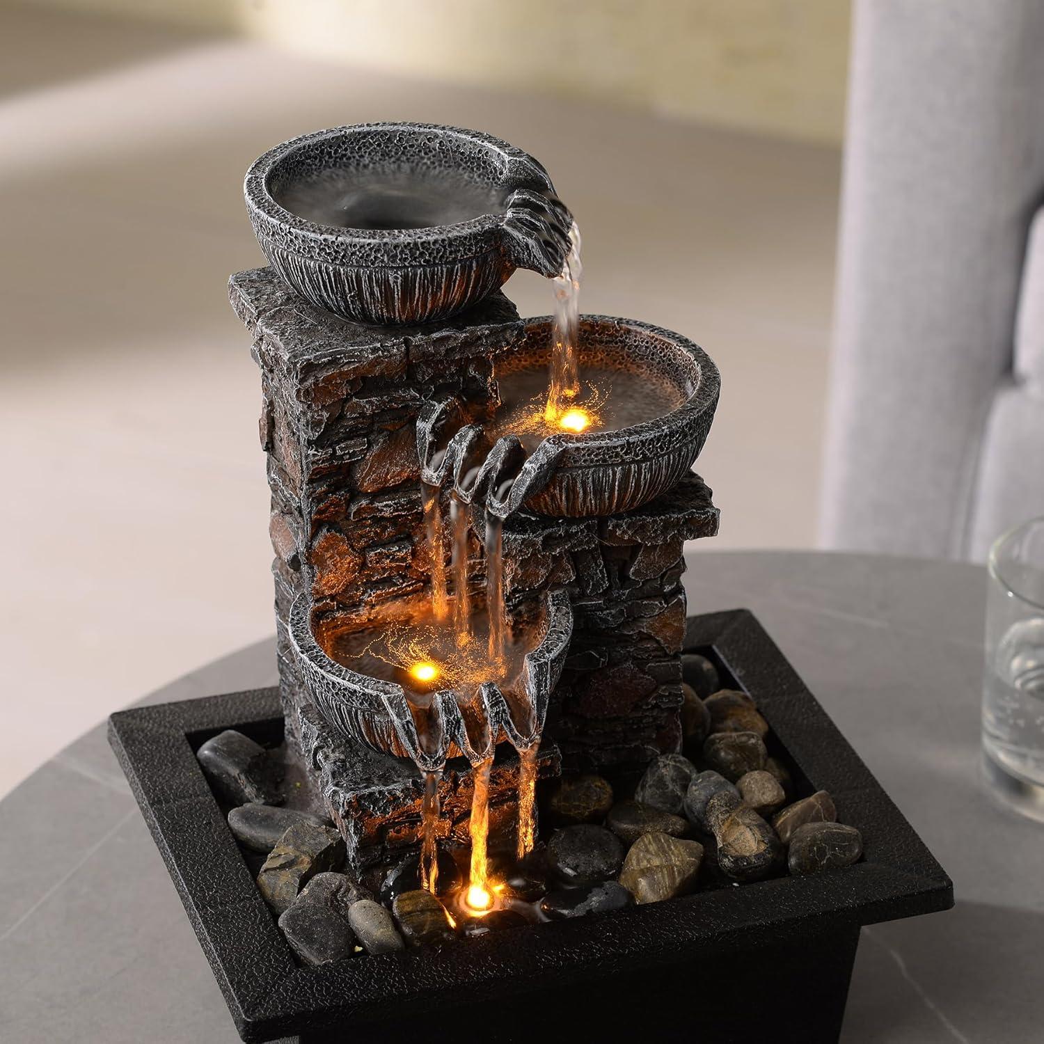 Fuente de Mesa Kalona 3 Cuencos con Luz LED y Sonido de Agua