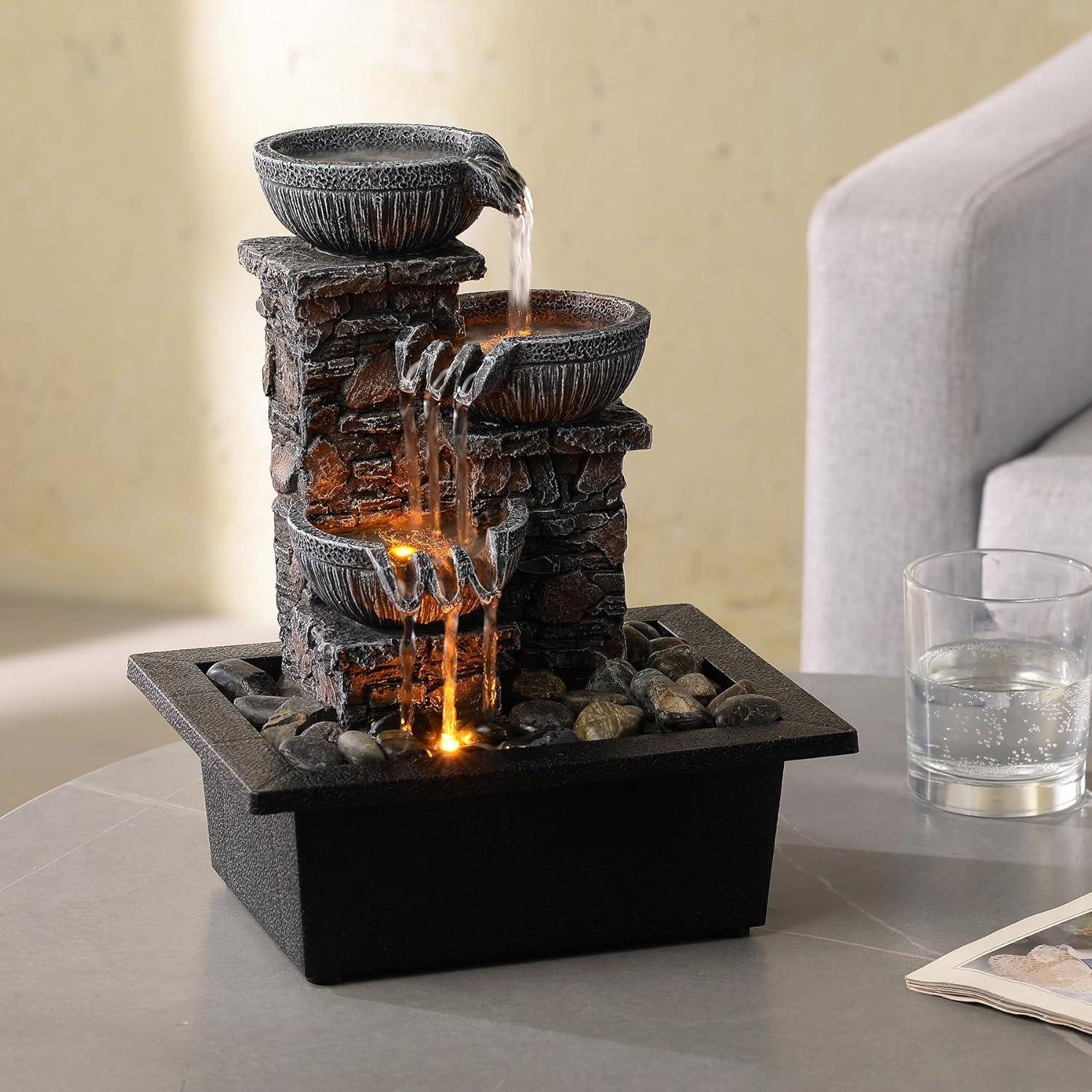 Fuente de Mesa Kalona 3 Cuencos con Luz LED y Sonido de Agua