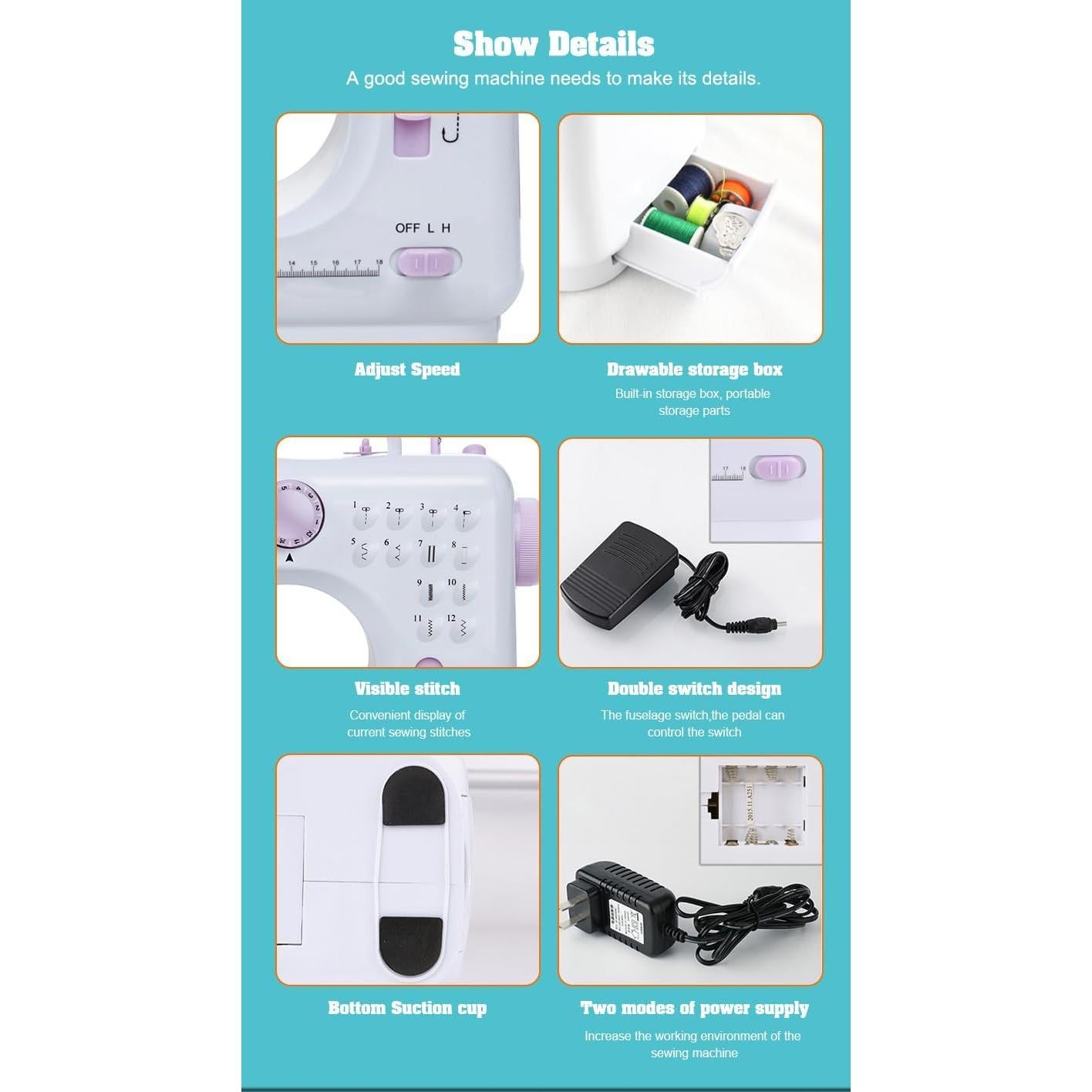 Máquina de Coser Eléctrica Mini Portátil 12 Puntadas 2 Velocidades