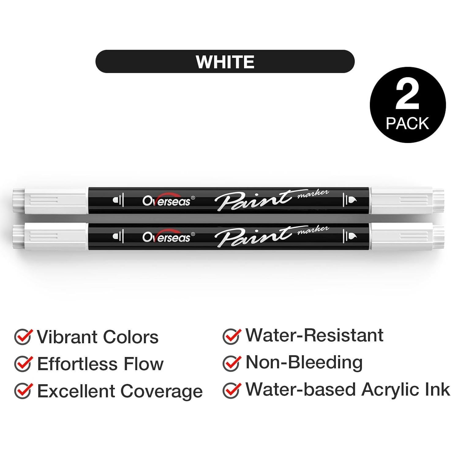 Marcadores Acrílicos Doble Punta Overseas, 2 Unidades, Blanco