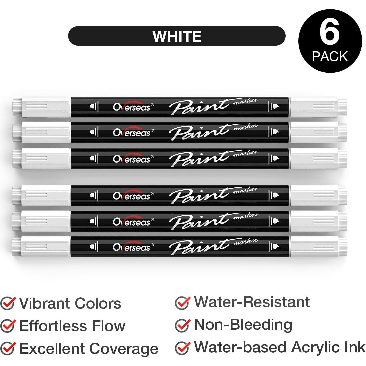 Marcadores Acrílicos Doble Punta Overseas, 6 Unidades Blancos