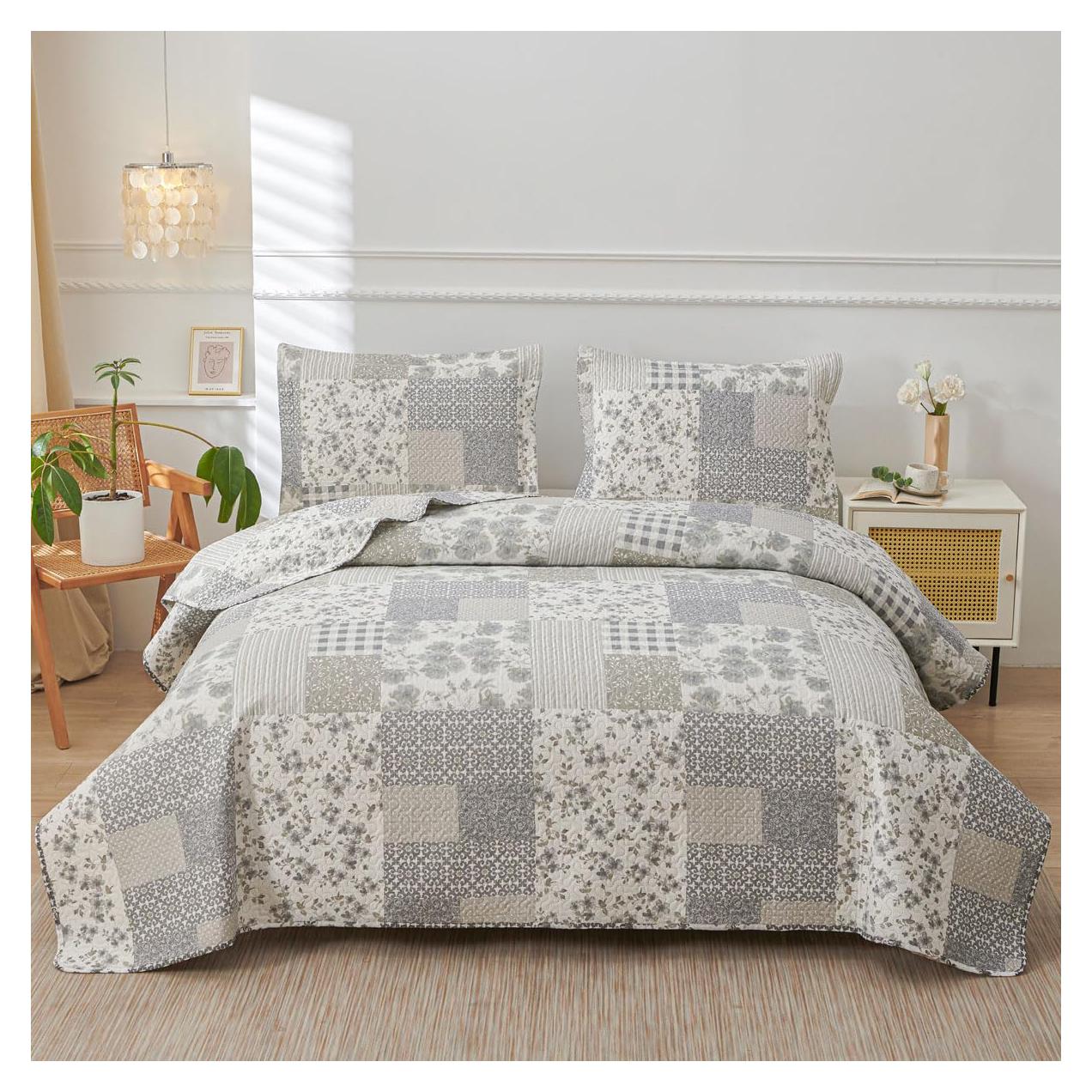 Colcha King Green Essen Cuadros Florales Gris y Blanco 3 Piezas