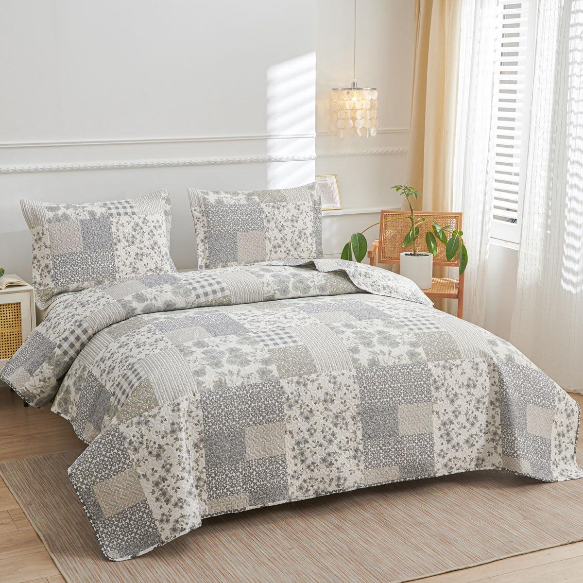 Colcha King Green Essen Cuadros Florales Gris y Blanco 3 Piezas