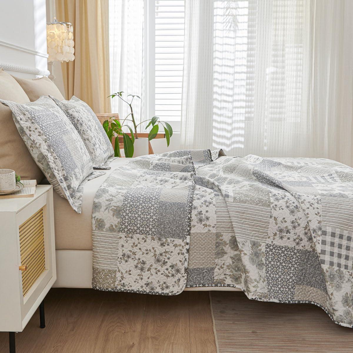 Colcha King Green Essen Cuadros Florales Gris y Blanco 3 Piezas