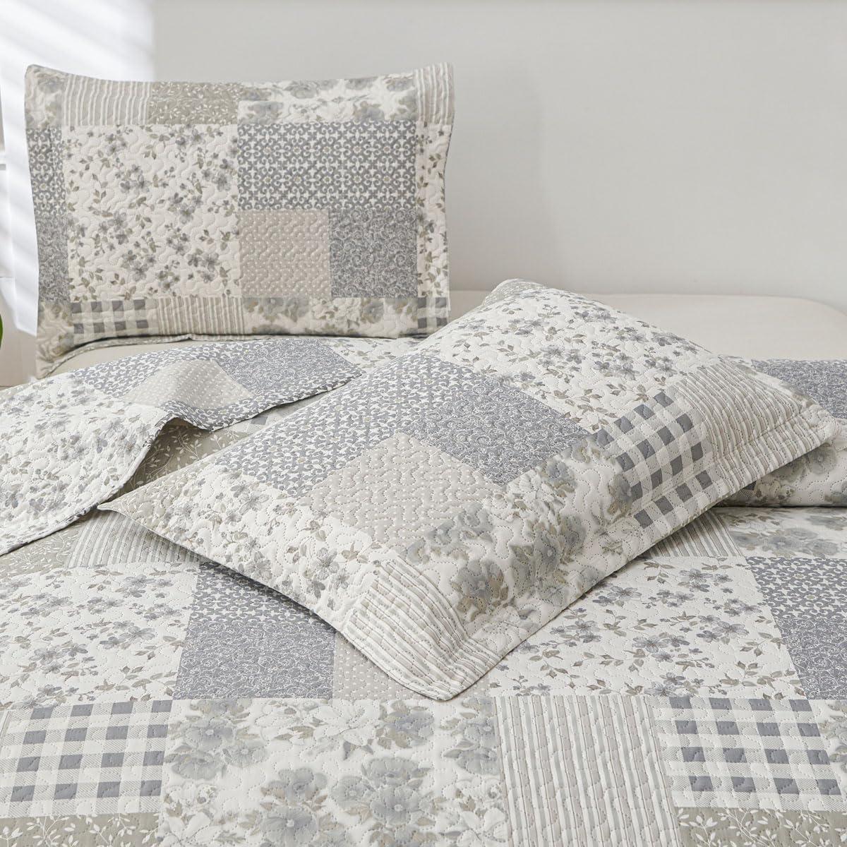 Colcha King Green Essen Cuadros Florales Gris y Blanco 3 Piezas