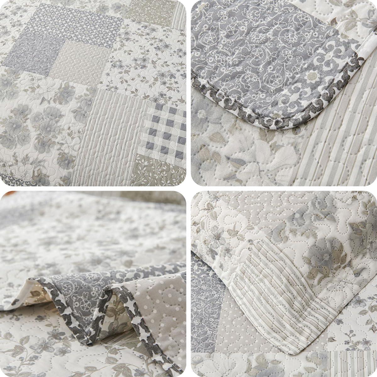 Colcha King Green Essen Cuadros Florales Gris y Blanco 3 Piezas