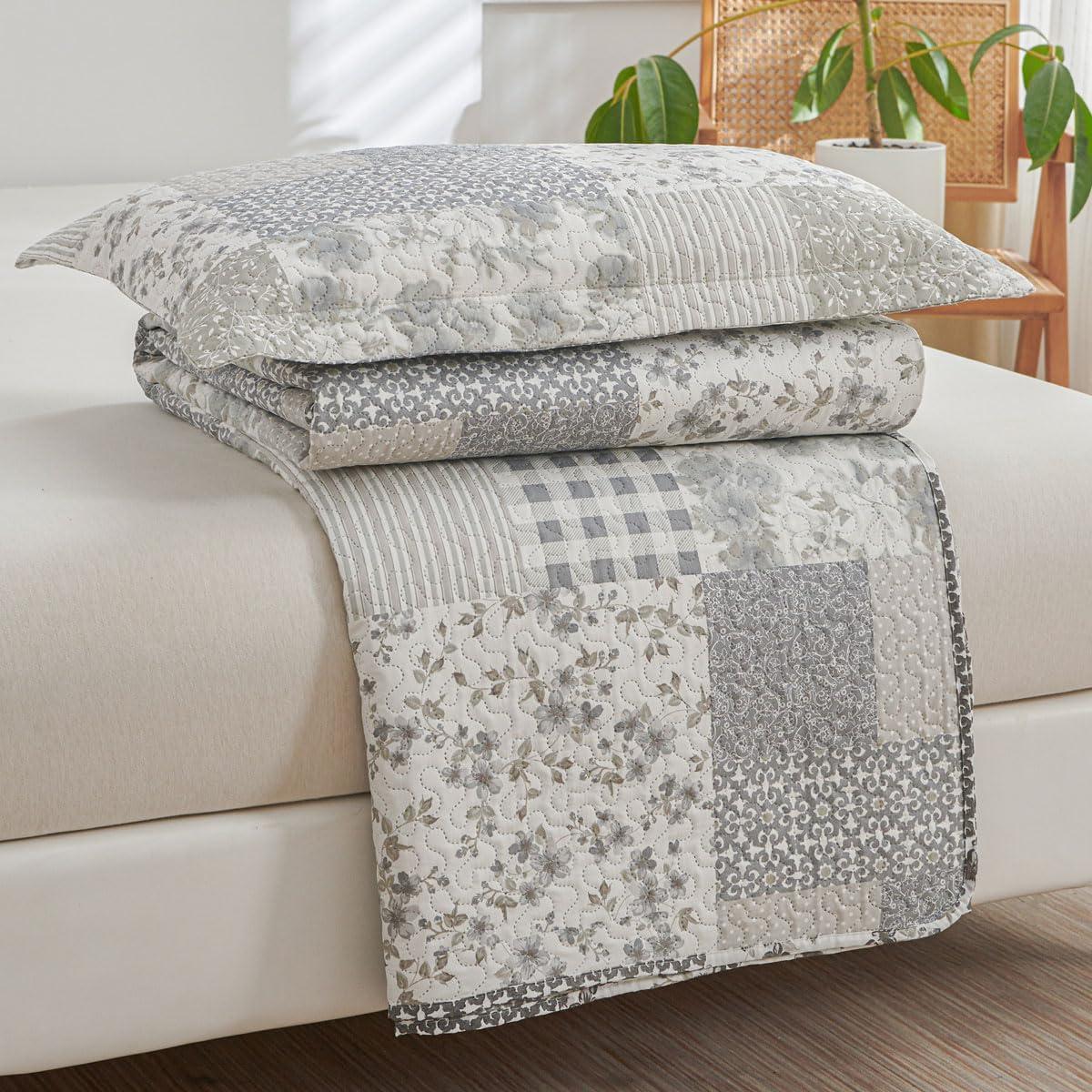 Colcha King Green Essen Cuadros Florales Gris y Blanco 3 Piezas