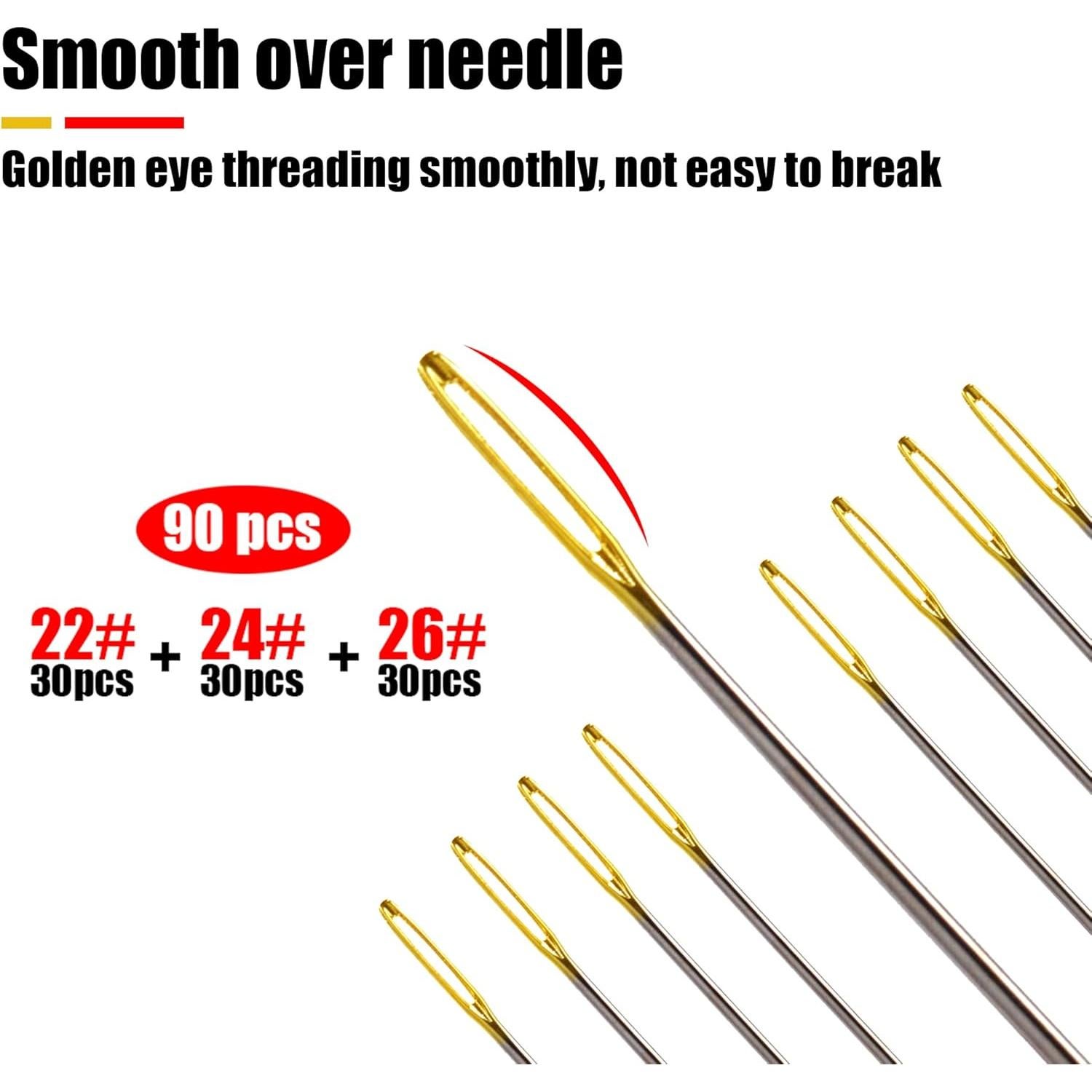 90 Agujas de Bordado JIGEGE + 2 Enhebradores Dorados 22# 24# 26#