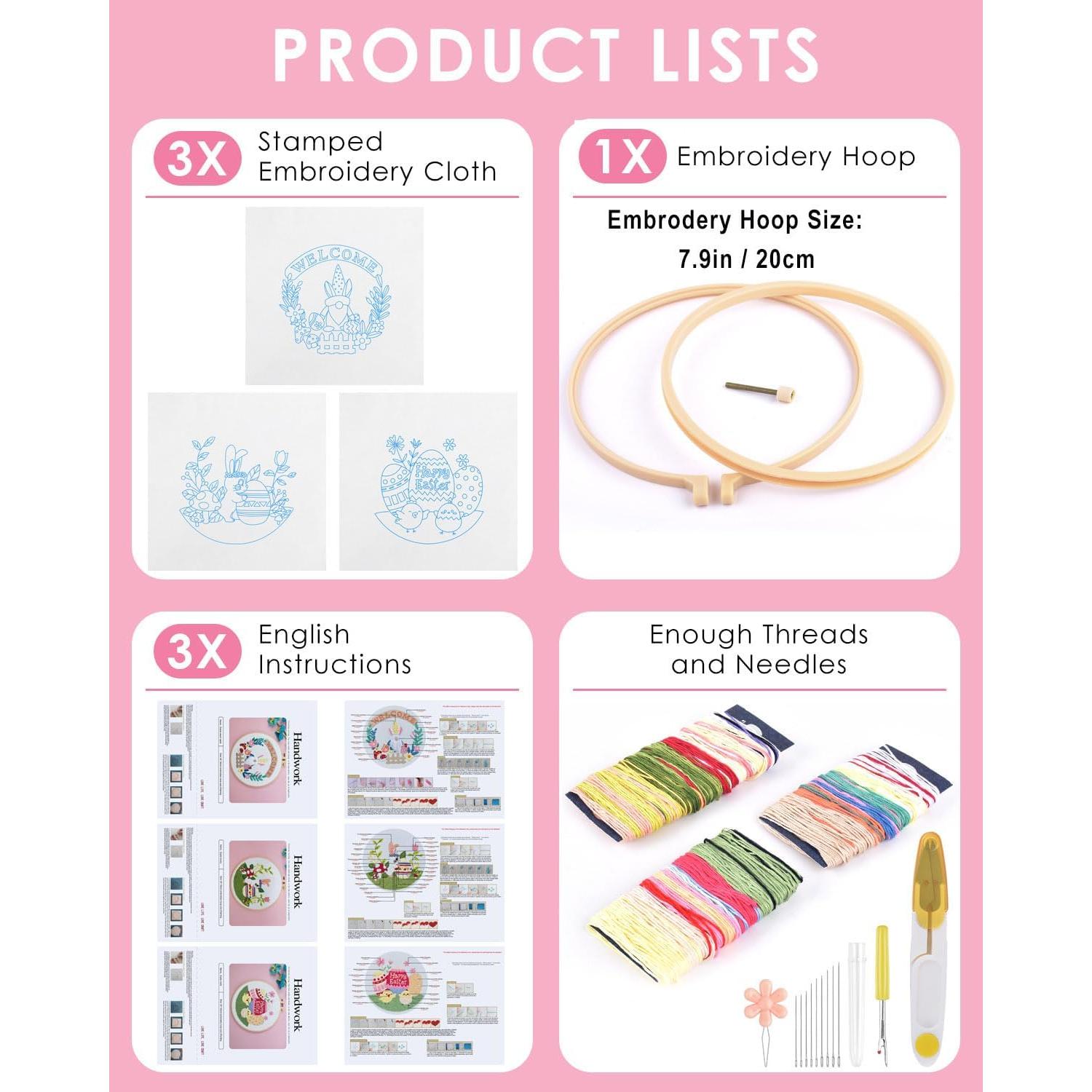 Kit de Bordado TINDTOP para Adultos - 3 Piezas con Aro y Hilos