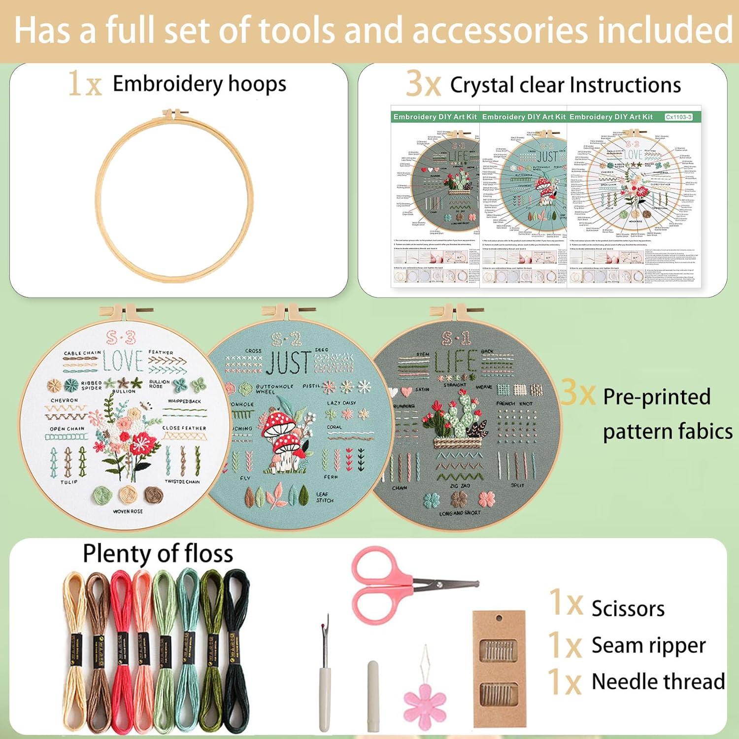 Kit de Bordado Ohcol para Principiantes - 3 Patrones y Aro