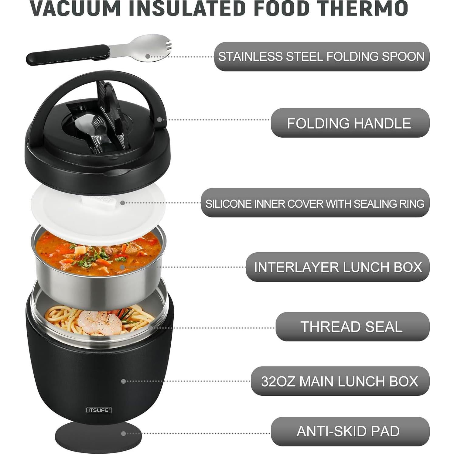 Termo de Sopa Itslife 973ml Acero Inoxidable Aislado Negro