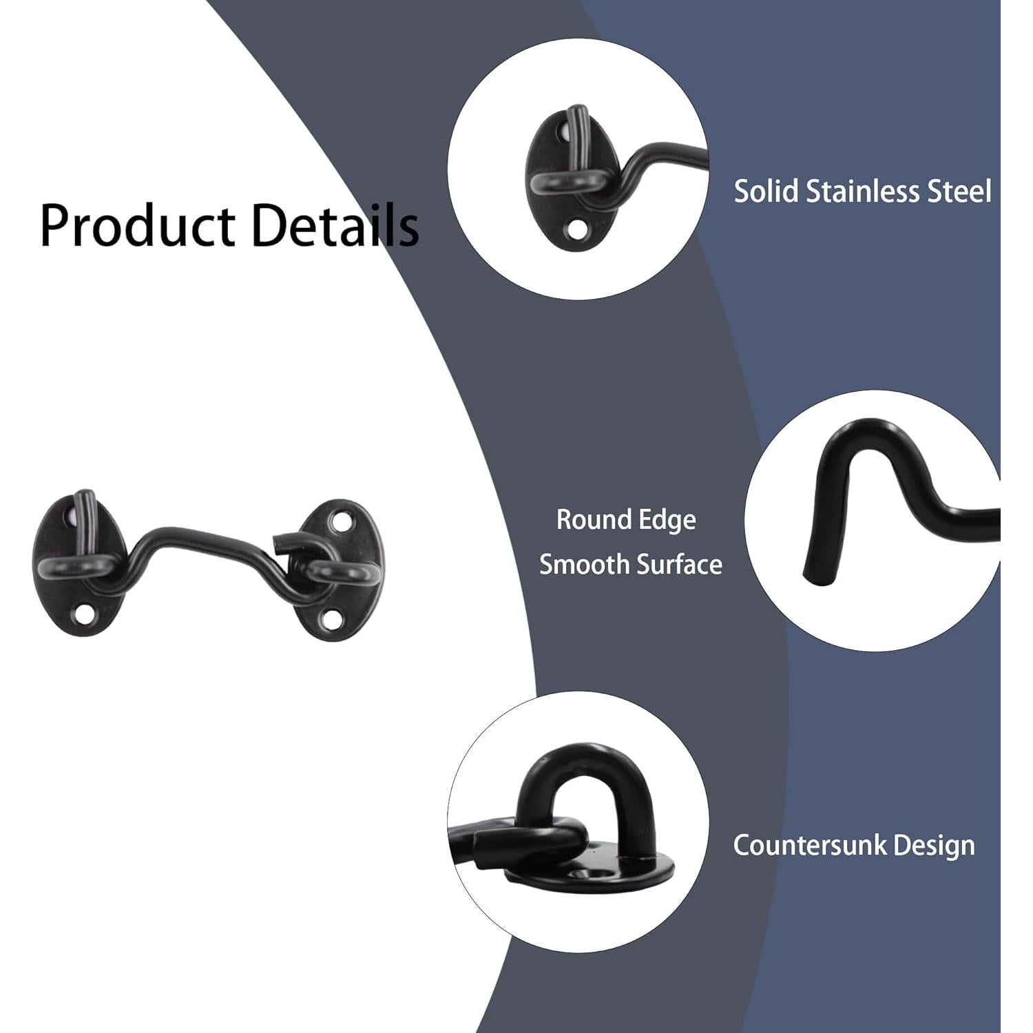 4 Ganchos y Ojos de Acero Inoxidable 75mm Negro - Bociloy