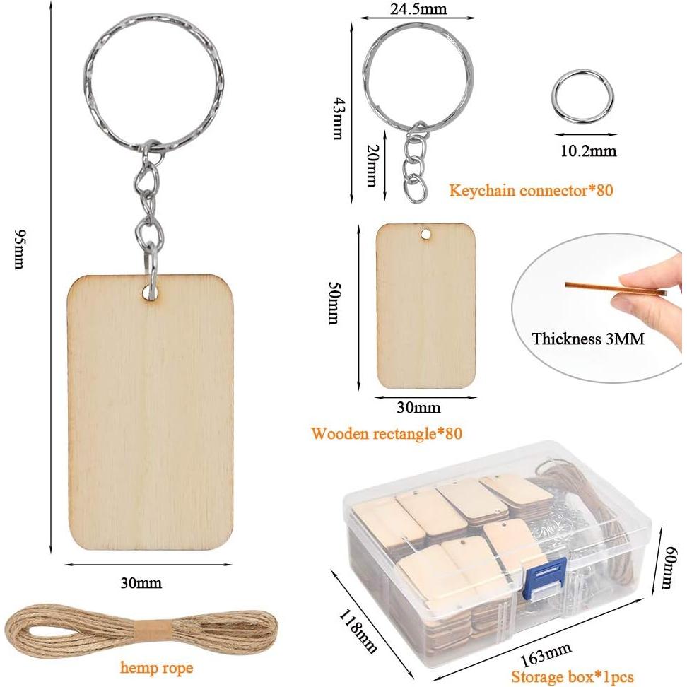 BUYGO Kit de Llaveros de Madera 162 Piezas - 80 Etiquetas Rectangulares