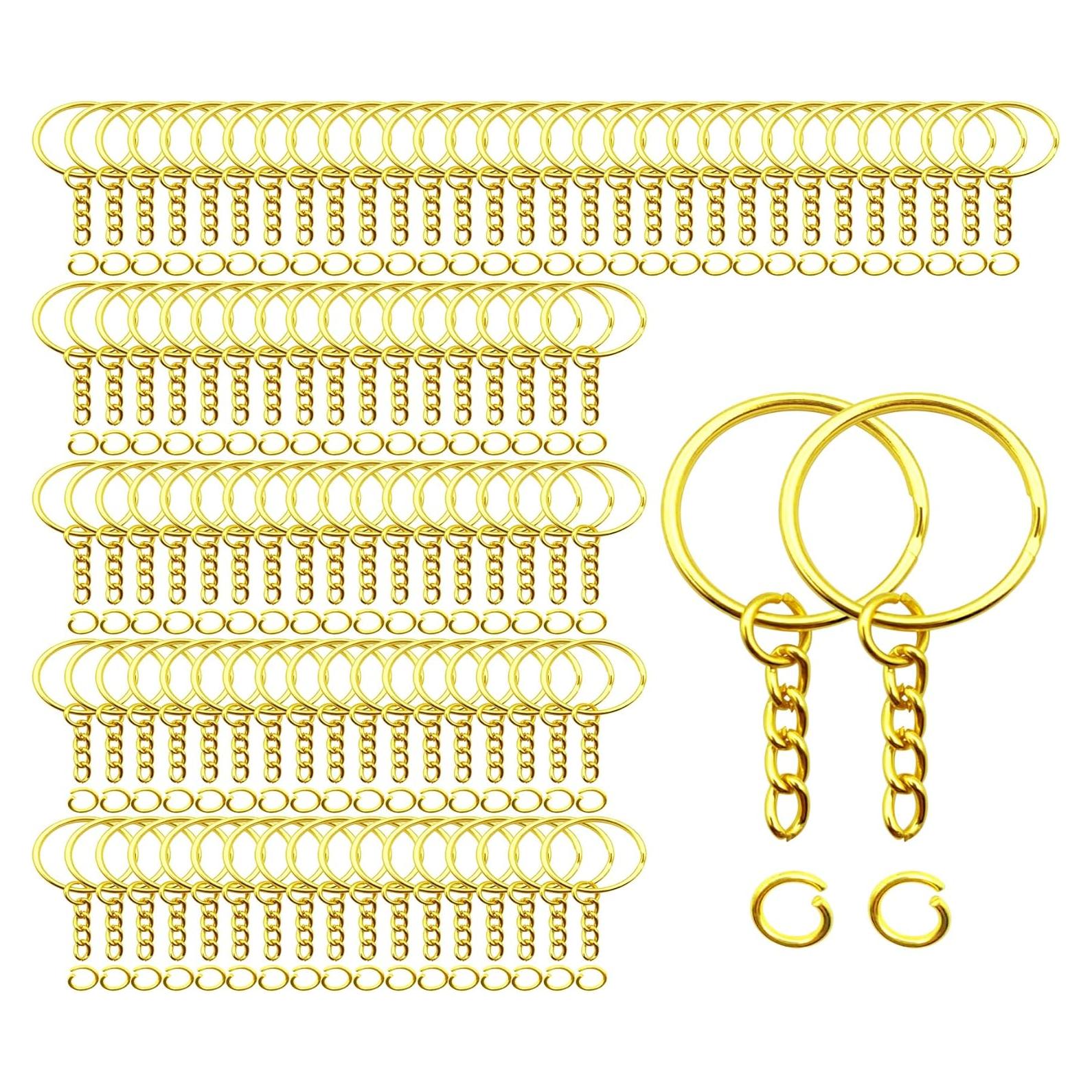 100 Anillos de Llave Dorados 25mm con Cadena y Anillos Abiertos