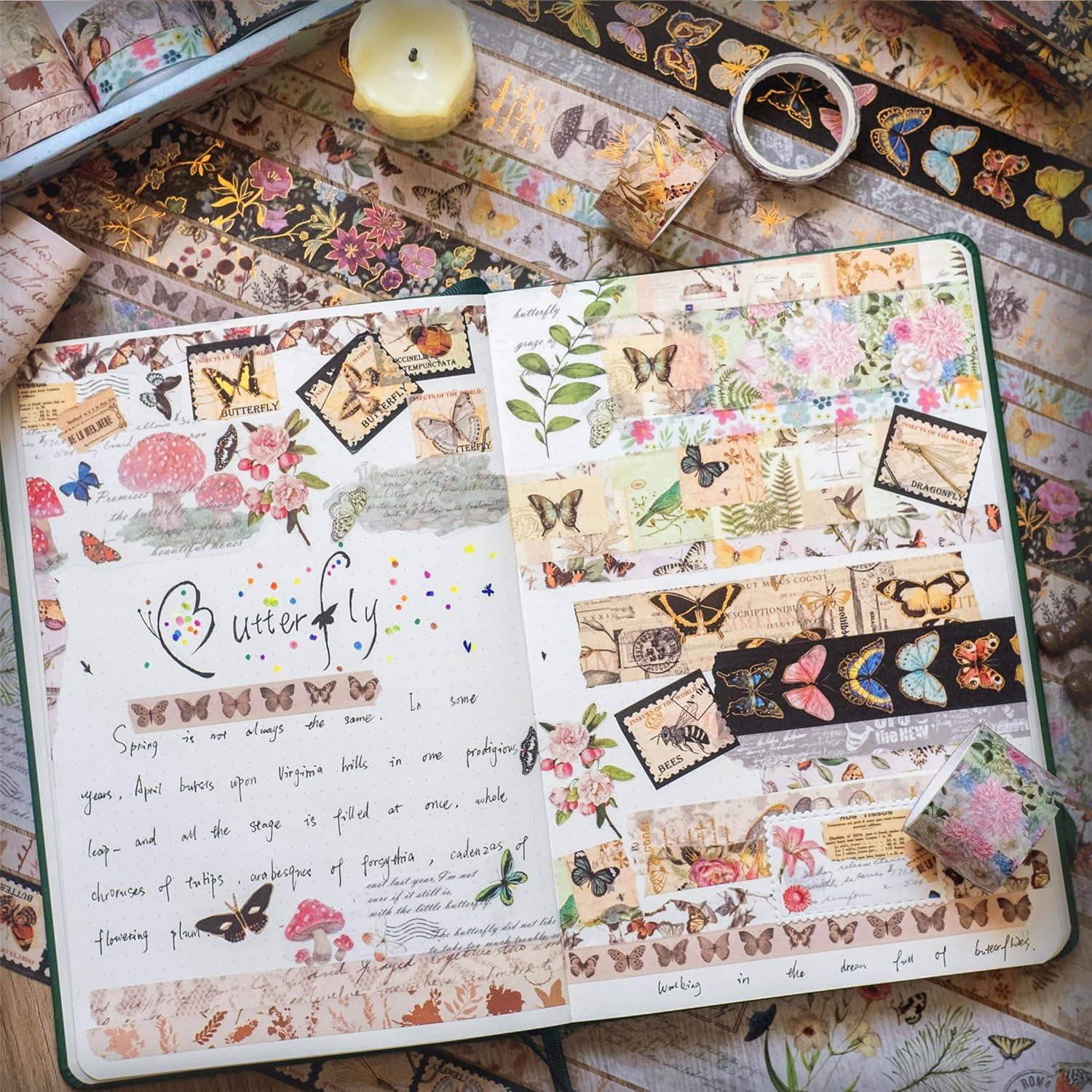 Juego de Cinta Washi Mariposa Vintage 18 Rollos 10-60 mm