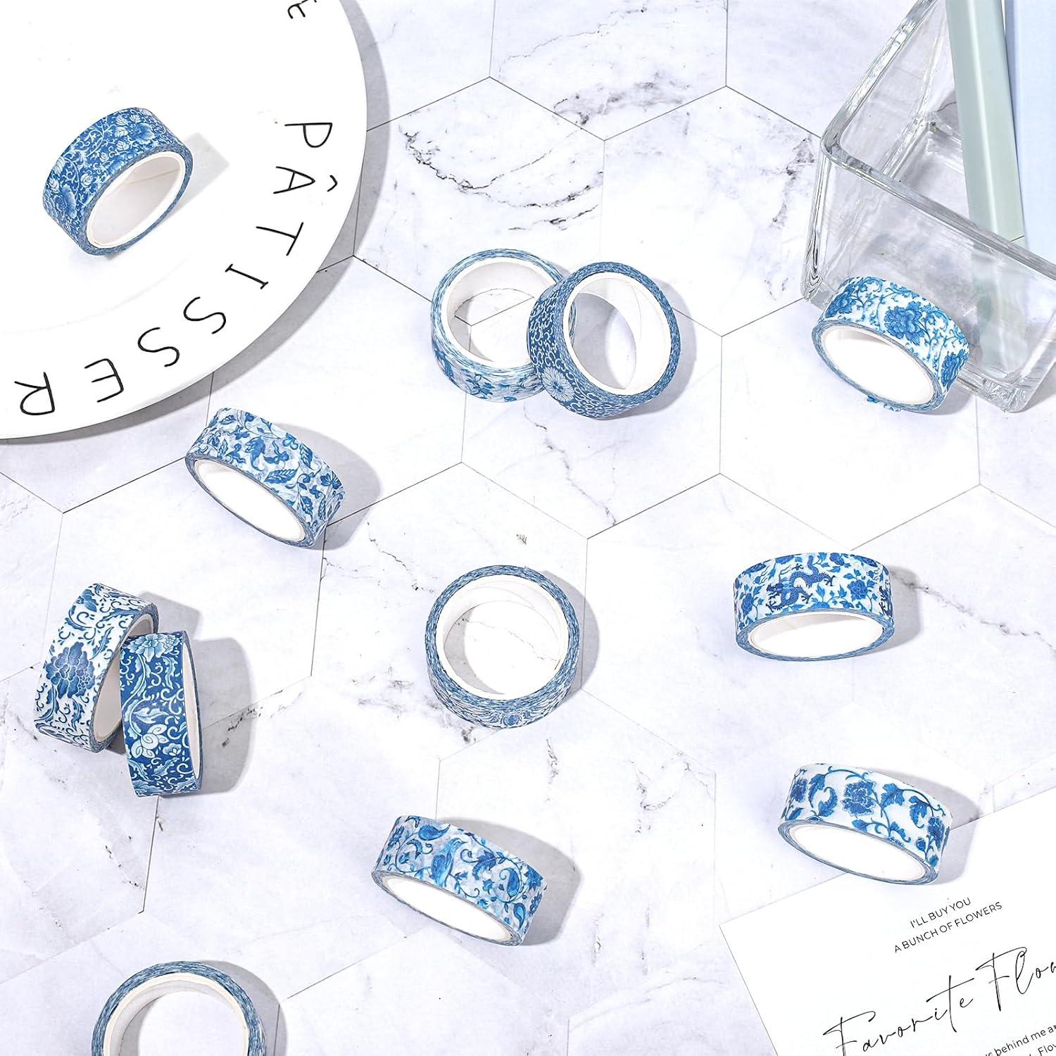 Cinta Washi Floral Azul Whaline - 12 Rollos 1.5cm x 5m